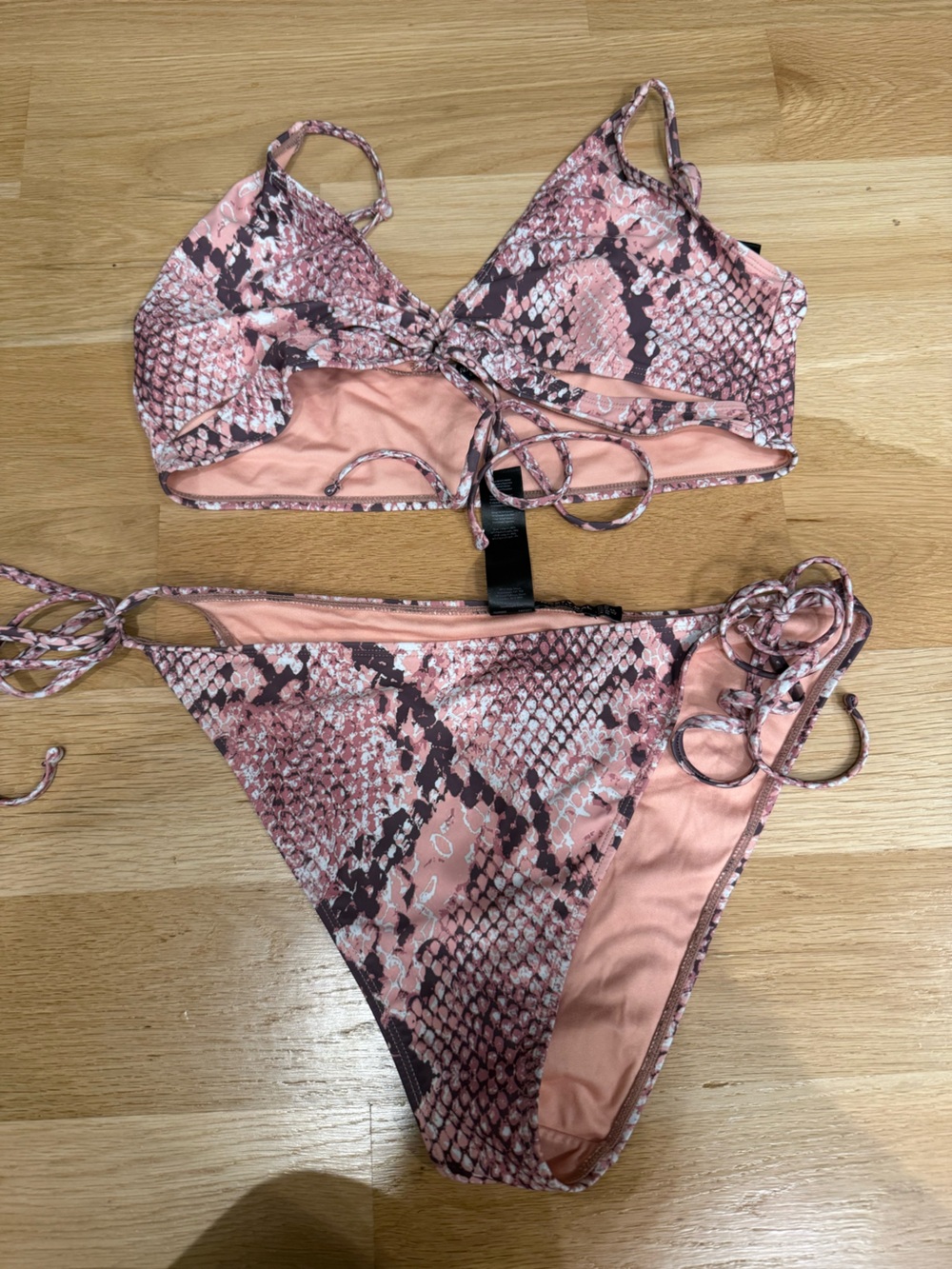 Nasty Gal Pink Snake-Print Tie Bikini Set size 12